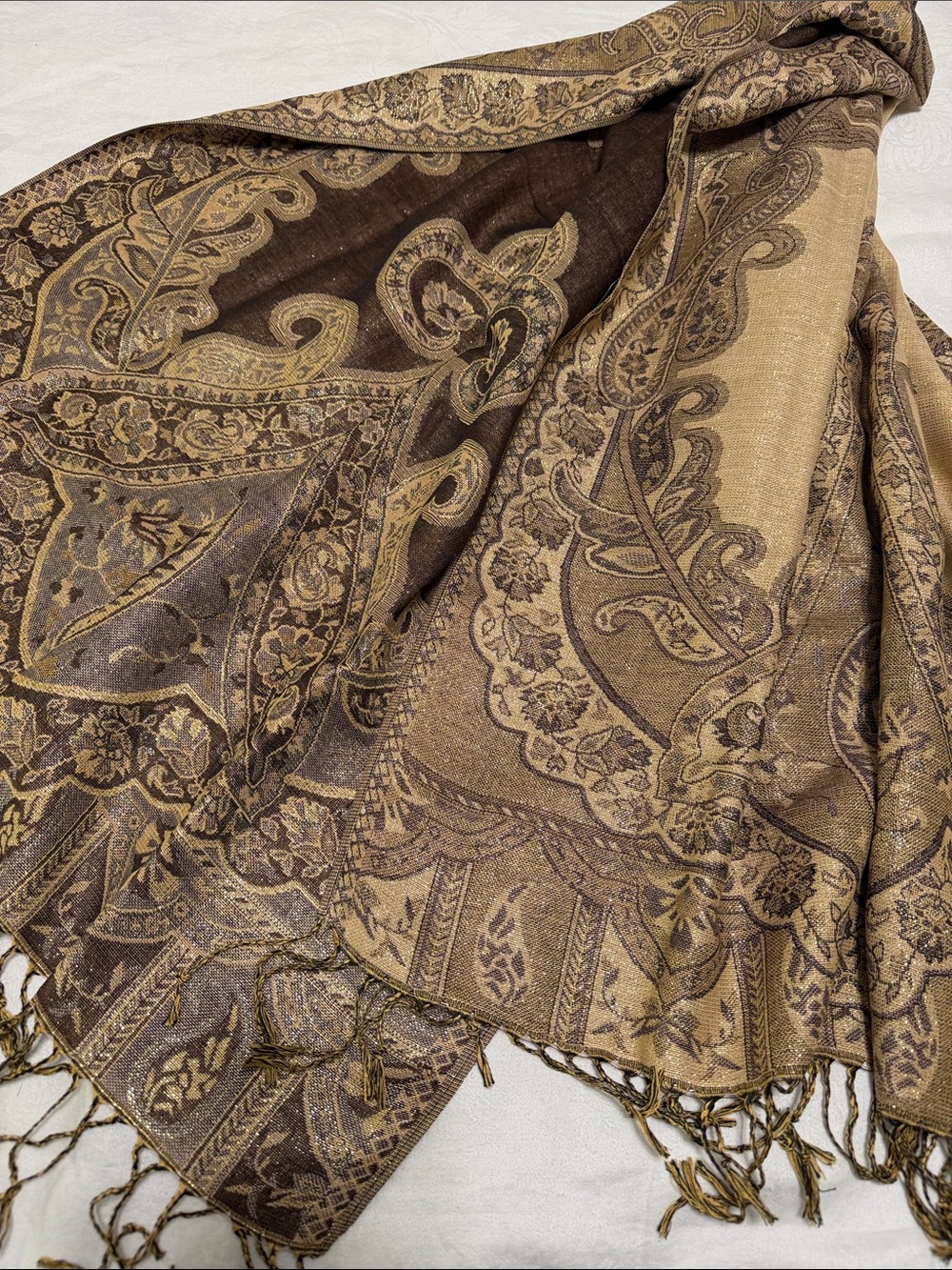pashmina Brown with Gold Metallic Thread Paisley Scarf/Wrap